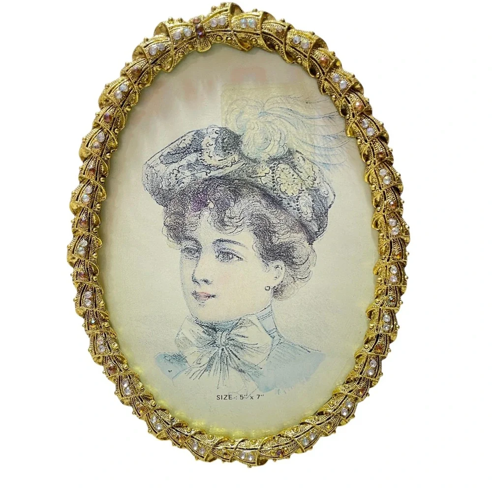 Vintage 19th Century Victorian Watercolor Portrait Young Girl Oval Jeweled Frame